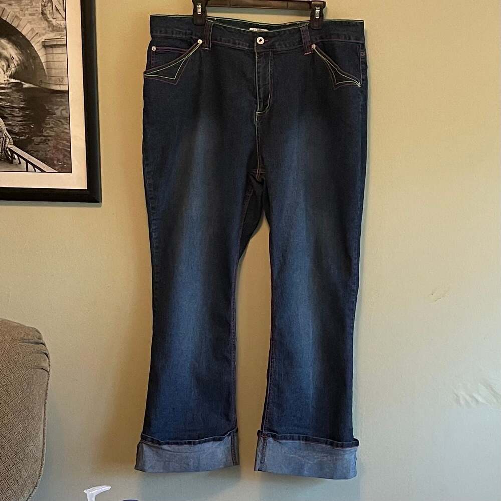 Retro Plus Size 22W Neon Contrast Stitch Cuffed Crop Denim Jeans Boho